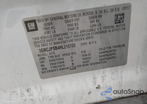 2017 Chevrolet Trax Lt из США, поврежденный, VIN 3GNCJPSB4HL216702